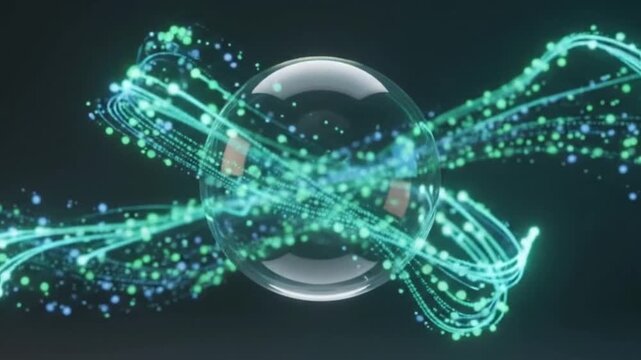 Abstract glowing particles swirling around transparent sphere digital data flow futuristic technology science concept