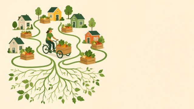Community supported agriculture delivering fresh produce. Roots connecting local farm to neighborhood homes and customers