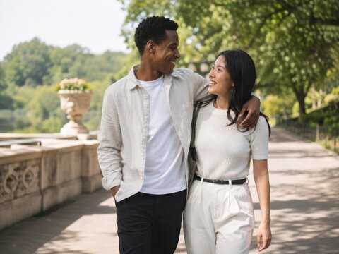Junges multikulturelles Paar genie&szlig;t einen entspannten Spaziergang im gr&uuml;nen Central Park in New York und erlebt gemeinsam authentischen St&auml;dtetourismus an einem sonnigen Sommertag.