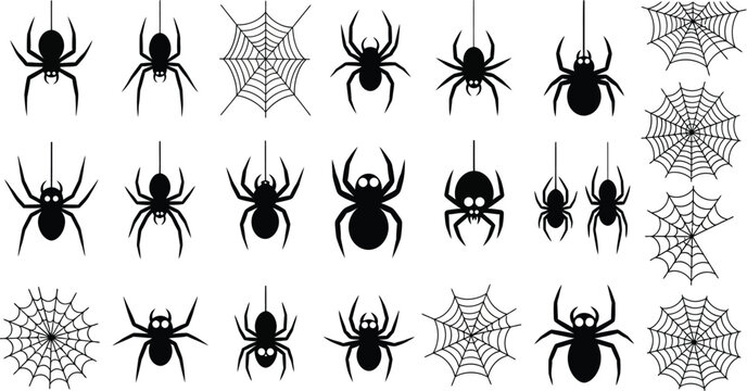 Halloween spider silhouettes and cobwebs set, spooky black arachnid icons, 22 vector elements for horror party decor