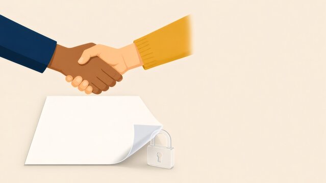 Diverse hands shaking over secured contract document, symbolizing agreement, partnership, and confidentiality
