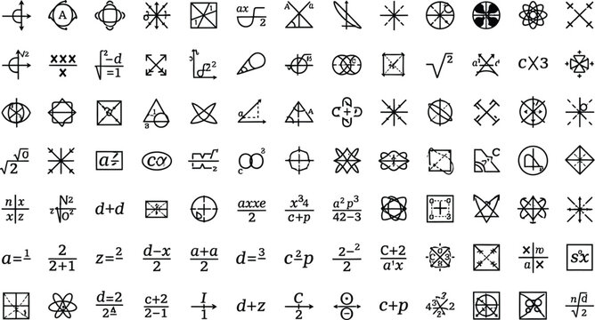 Minimalist mathematical symbols and geometric icons set. Abstract scientific formulas and algebra signs. Black linear vector elements.