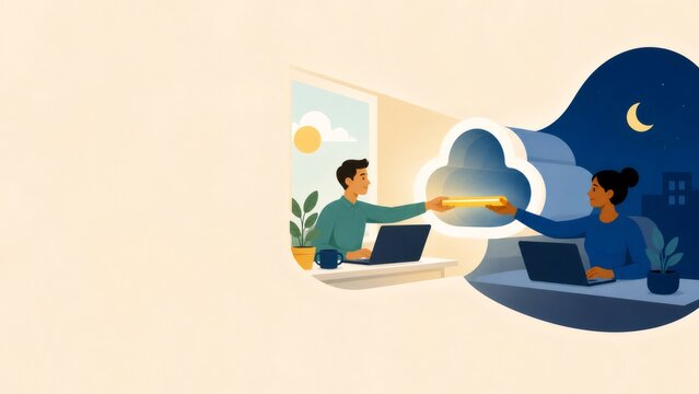 People collaborating asynchronously, sharing data and ideas through cloud computing across time zones