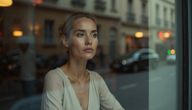 thoughful woman looking throught the cafe window pane at the evening city street. deep contemplation, reflection, loneliness and sadness concept