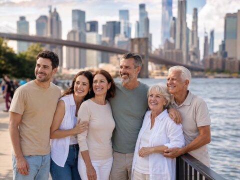 Gl&uuml;ckliche Mehrgenerationenfamilie erlebt gemeinsam New York an der Brooklyn Waterfront und genie&szlig;t den Blick auf Brooklyn Bridge und Manhattan Skyline w&auml;hrend ihres Familienurlaubs.