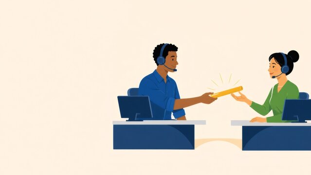 Customer service agents passing a baton, symbolizing teamwork, handoff, and efficient support transition