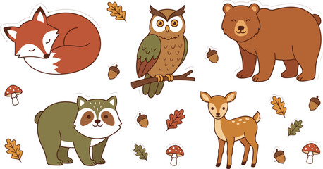Obraz premium Cute-autumn-woodland-animals-vector-set-with-fox-bear-owl-deer-raccoon-and-leave