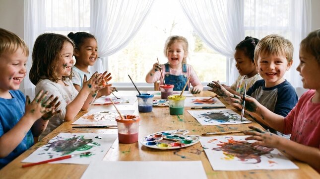 Group of happy diverse preschool children painting with colorful finger paints at tables in classroom, messy creative art lesson in kindergarten, concept of early childhood education.