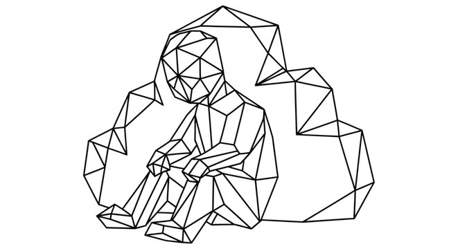 Polygonal illustration of a seated person black lines on white background