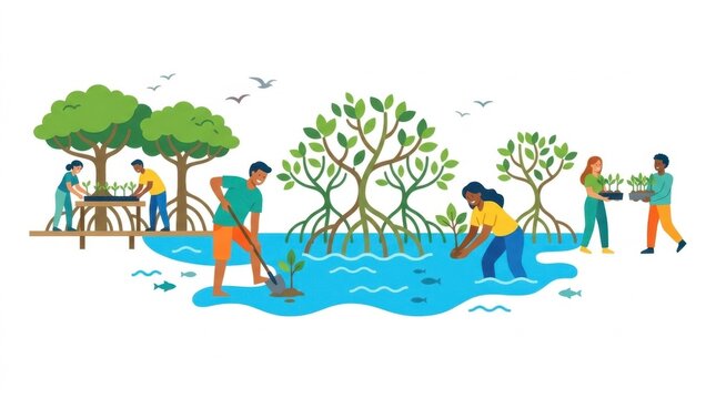 Diverse volunteers planting mangrove trees for coastal restoration vector illustration on white background