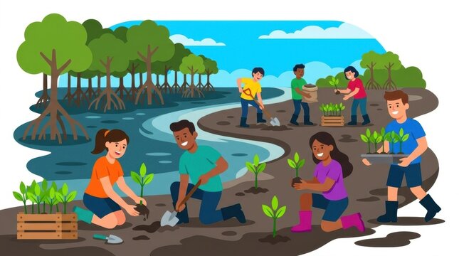 Diverse community volunteers planting mangrove trees for coastal reforestation project vector illustration