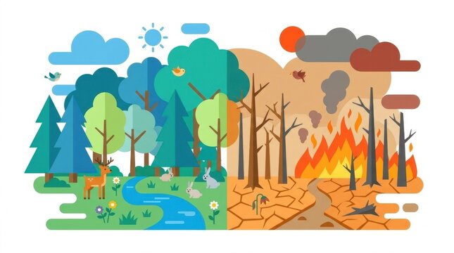 Flat vector showing healthy forest ecosystem contrast with wildfire and drought landscape