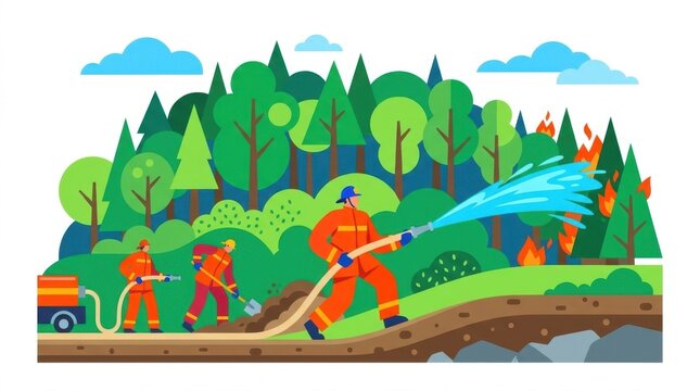 Firefighters extinguishing forest wildfire with water hose and shovel vector illustration