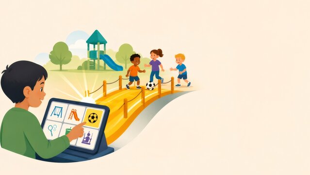 Boy using AAC device connecting with friends playing soccer in a vibrant playground, communication technology fostering inclusion