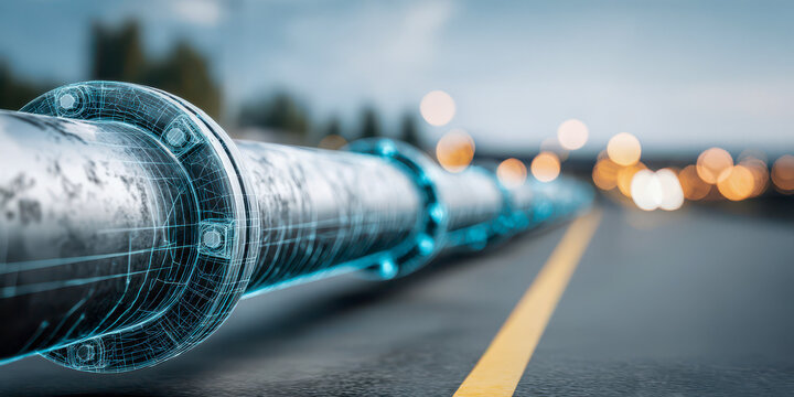 Wireframe industrial pipeline system runs along road in futuristic 3d render, with glowing blue technical mesh on metal pipe and blurred city lights behind. Pipeline system fills frame in focused