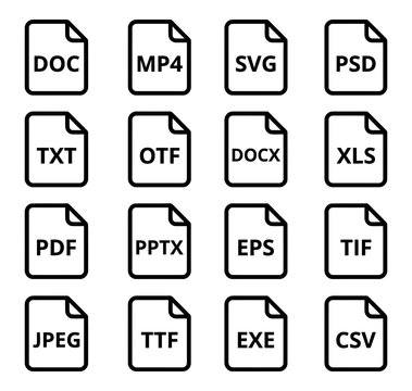 Collection of common file type icons representing digital documents and media