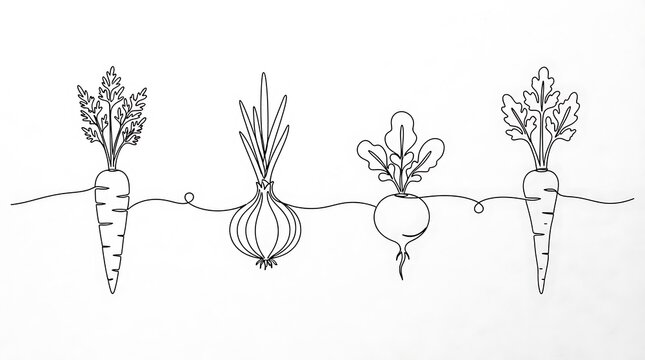 Continuous line art of garden vegetables including carrots and onion with hand drawn vegetable minimalist continuous