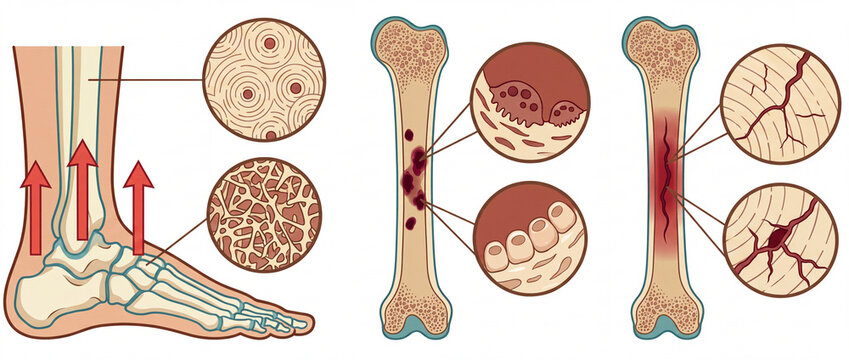 Bone anatomy and fracture medical diagram displaying foot skeleton structure, osteon cells, trabecular tissue, and microcrack stages for orthopedic healthcare education