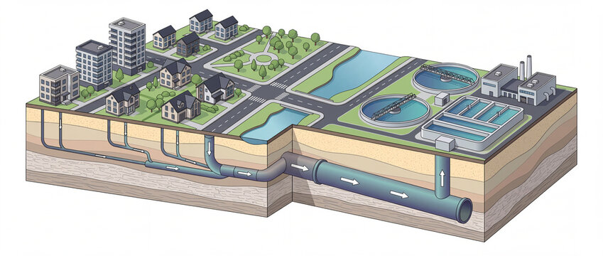 Sewage system and wastewater treatment plant cutaway showing underground pipes connecting residential houses to clarifier tanks in an isometric cross section for utility engineering education