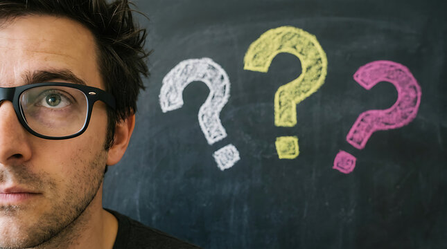 Man contemplating question marks on a chalkboard with a curious and thoughtful expression