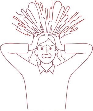 Stressed woman holding head with explosive lines vector illustration representing mental breakdown anxiety pressure overthinking headache and panic attack concepts