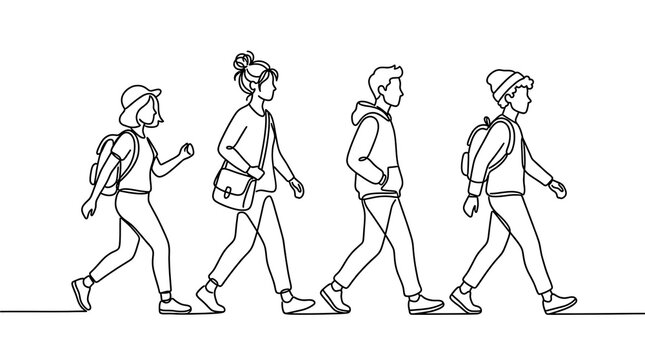 Continuous line drawing of young students walking together with students continuous education backpacks minimalist