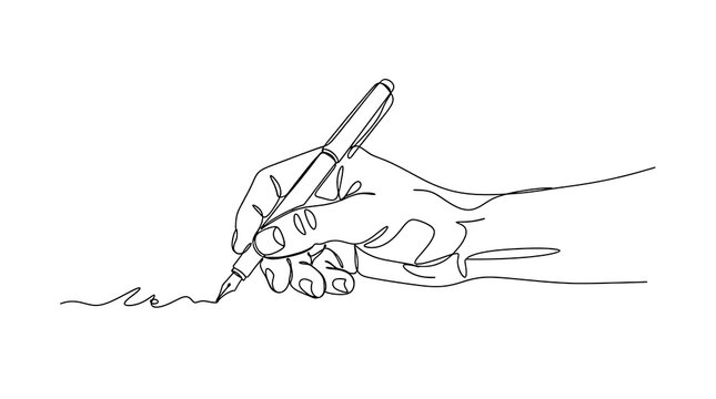 Minimalist single continuous line drawing of a human hand writing with a creative single line artistic representation