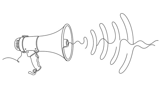 Megaphone emitting sound waves as a continuous line art drawing with megaphone loudspeaker communication announcement