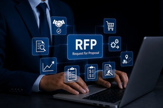 Businessman typing on laptop with request for proposal rfp holographic interface icons