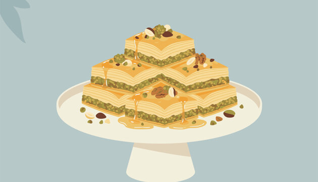 Pyramid of traditional baklava pastry squares soaked in honey and garnished with crushed nuts served on an elegant white pedestal.