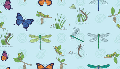 Fototapeta premium Detailed pattern of various insects like butterflies dragonflies and caterpillars amidst green grass and water ripples on a light blue background.