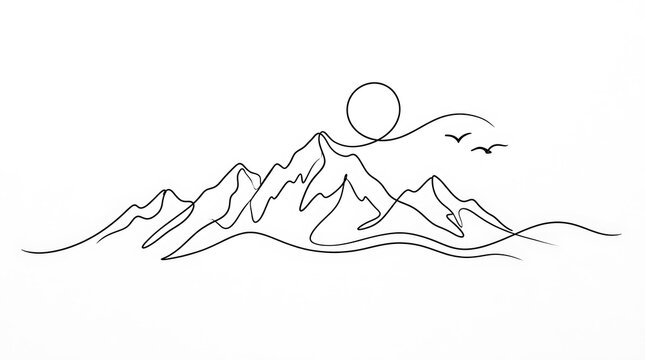 Continuous single line art of mountain range with sun and flying birds mountain minimalist continuous landscape