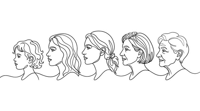 Continuous line art of five female profiles showing life cycle stages from childhood to old age with evolution