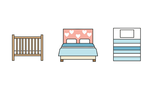 Trio of bed types including wooden baby crib, double bed with heart headboard, and blue striped bunk bed setup.