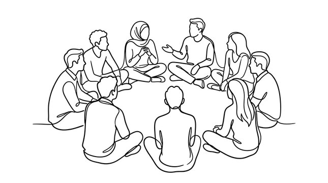 Continuous line drawing of a group of people sitting in a circle during a meeting with discussion together community