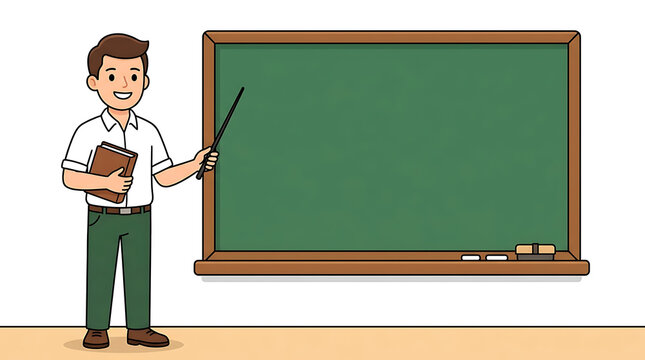 Cartoon male teacher pointing at blank green blackboard vector illustration