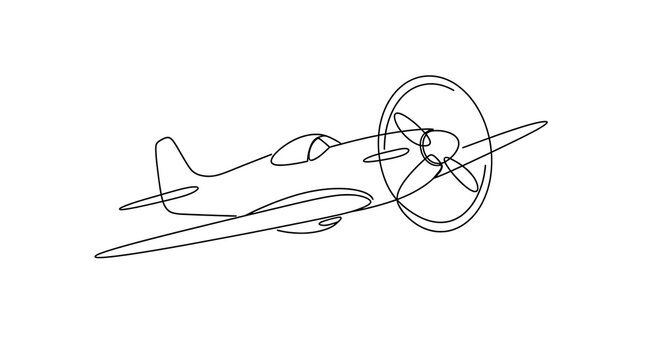 Continuous line drawing of a vintage propeller airplane in flight with airplane aviation propeller transport aircraft