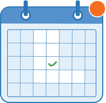 Calendar schedule icon JPG vector illustration featuring a blue monthly planner grid with a green checkmark for time management concepts.