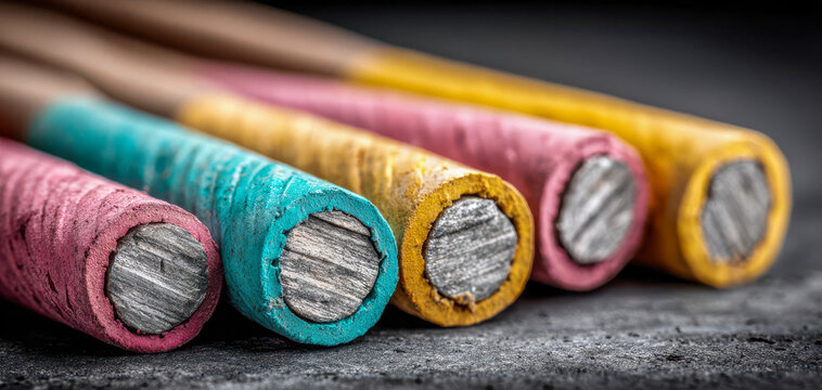 Cut electrical cables rest in macro close up, with colorful insulated ends and exposed metal cores in gritty industrial style. Electrical cables look worn and detailed against dark background.