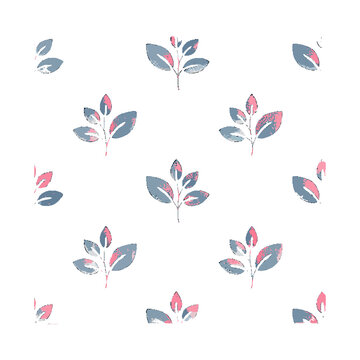 Seamless pattern of stylized leaves in blue and pink