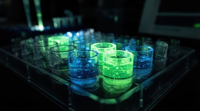 fluorescence assay plate with glowing green and blue droplets for screening chemistry and laboratory research