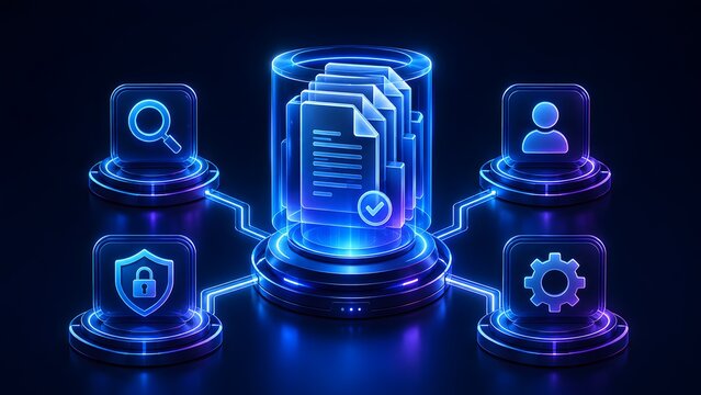 Centralized data management concept with glowing icons for documents, search, user, security, and settings