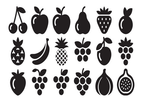 Collection of assorted fresh fruit icons in silhouette form for graphic design and healthy eating themes.