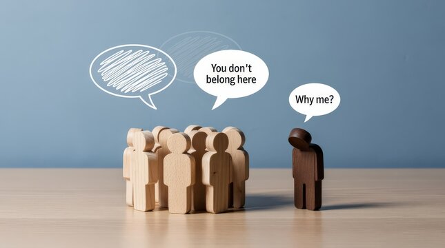 A group of light wooden figures excludes a darker figure, highlighting social rejection and discrimination through speech bubbles.
