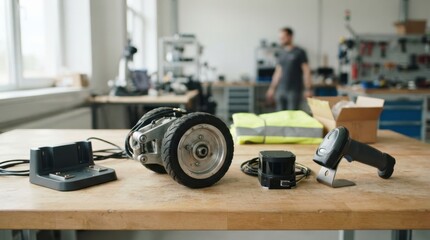 Fototapeta premium AMR wheel module with lidar sensor, handheld scanner, charging dock, safety vest, and carton on a workbench