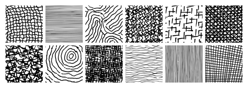 Set of monochrome hand-drawn crosshatch textures