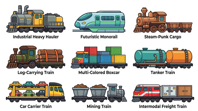Labeled freight and passenger train car icon collection.