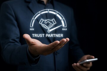Obraz premium Businessman holding a virtual trust partner gauge showing a handshake icon on a dark background