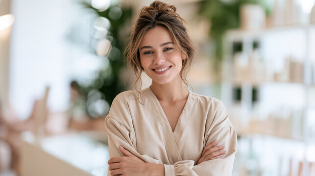  Retrato de uma jovem e sorridente esteticista brasileira com os bra&ccedil;os cruzados no interior de um sal&atilde;o de beleza, spa ou loja de cosm&eacute;ticos