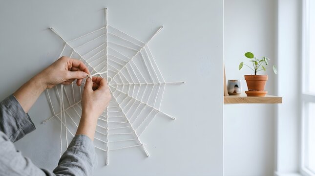 Close-up of hands crafting a sustainable Halloween spider web decoration from natural cotton twine on a wall, promoting eco-conscious holiday DIY home decor and minimalist festive lifestyle.